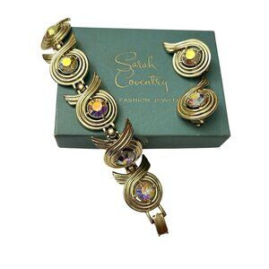 Vintage Sarah Coventry Aurora Swirl Borealis Golden Bracelet & Clip Earrings Set